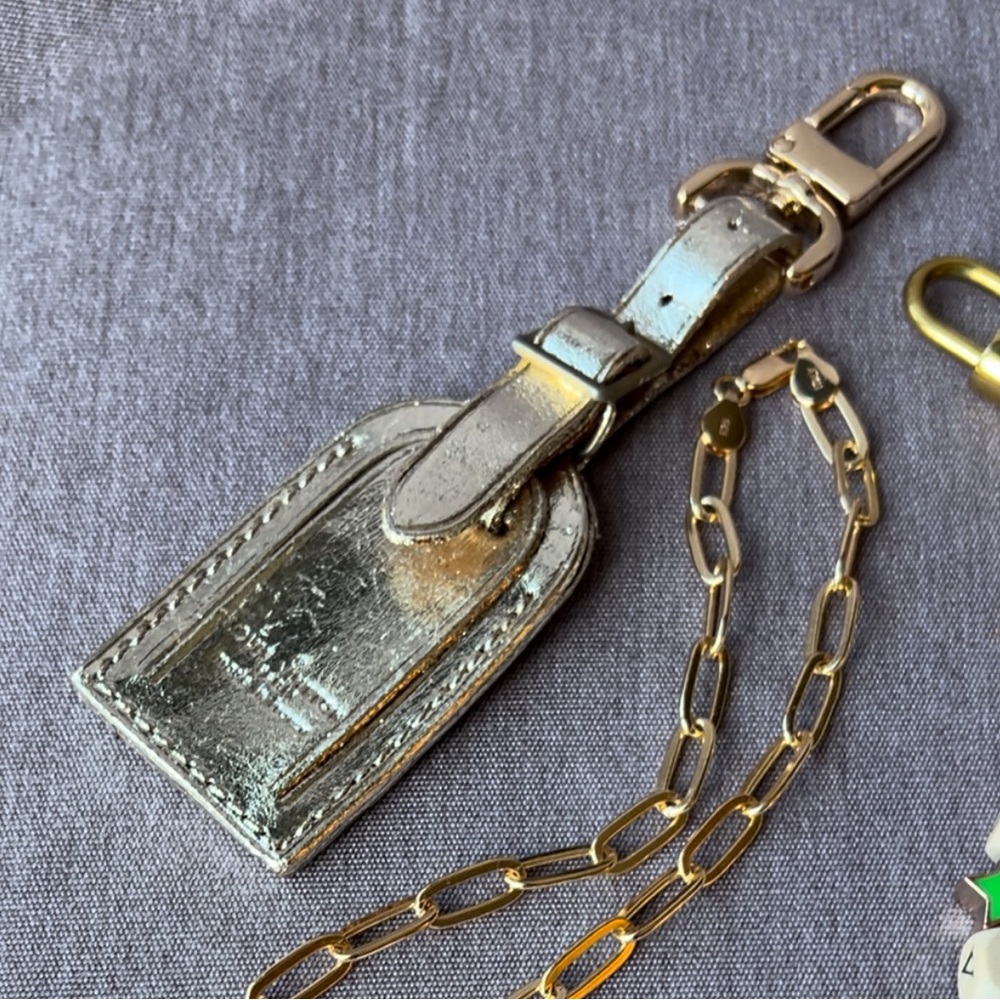 LV Metallic Gold Name Tag Bag Charm One Kind RARE Embossed Leather Excellent